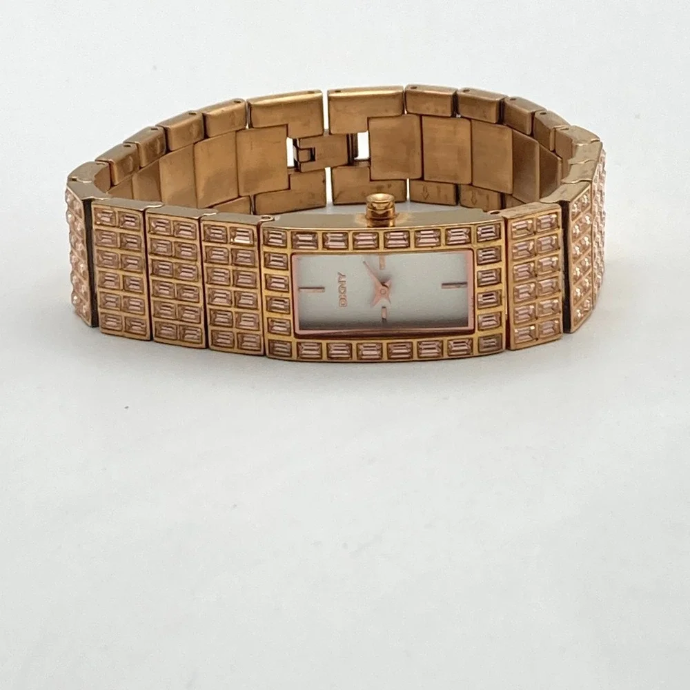 DKNY Women's Tank Watch 18mm Rose Gold Tone Champaign Crystals New Battery 7.25